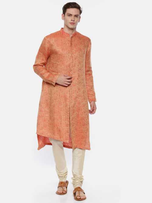 Gold Orange Linen Jaquard Kurta Set - MMK0332