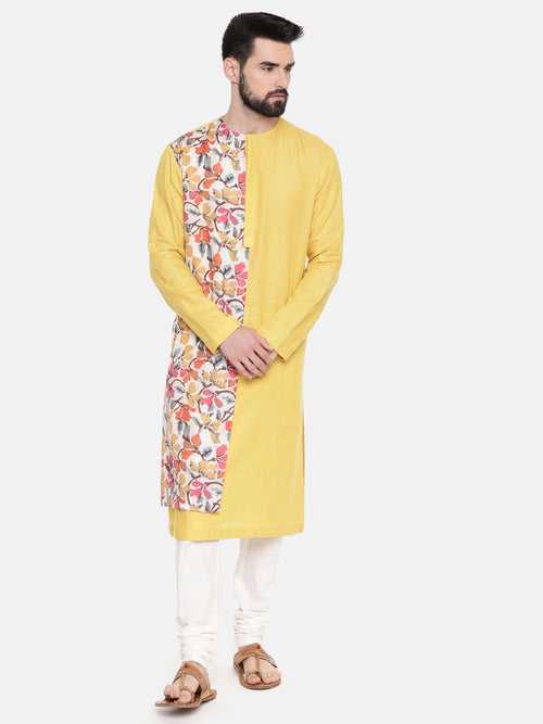 Yellow Printed Linen Kurta Set - MMK0504