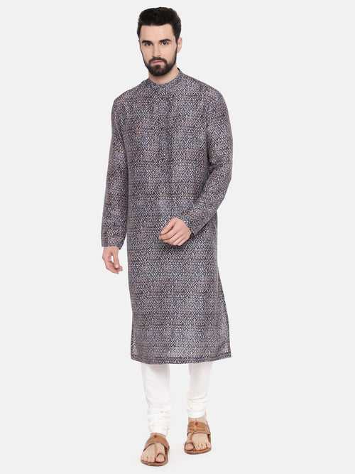 Linen Bemberg Blue Prt Kurta Set - MMK0507