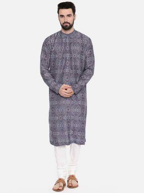 Linen Bemberg Blue Red Prt Kurta Set - MMK0508