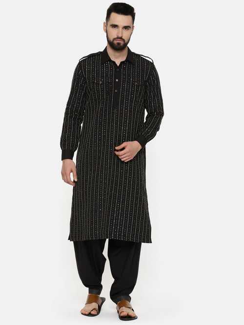 Black Hand Embroidred Pathani - MMK0533