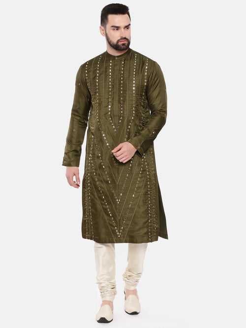 Green Silk Mirror Work Kurta Set - MMK0559