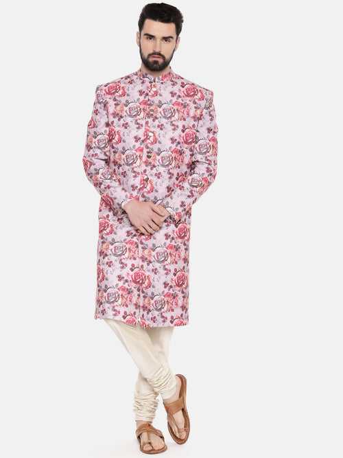 Linen Red Pink Printed Sherwani - MMSHR039