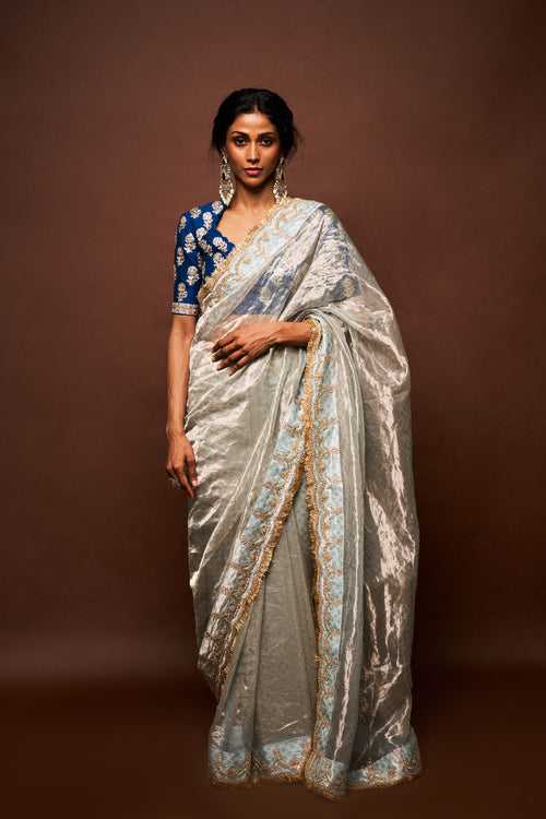 Trishi printed tissue saree with blouse - bluish grey