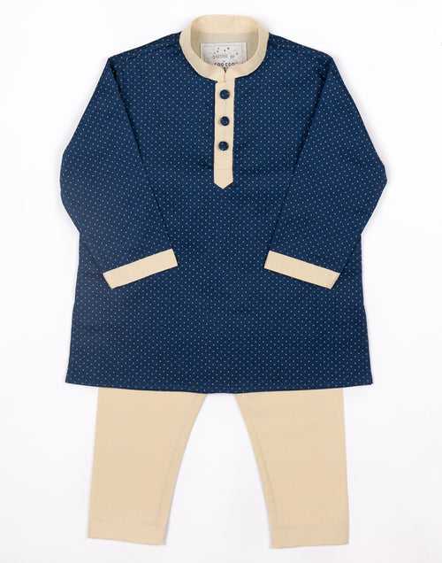 Navy Beige Polka Kurtha Set