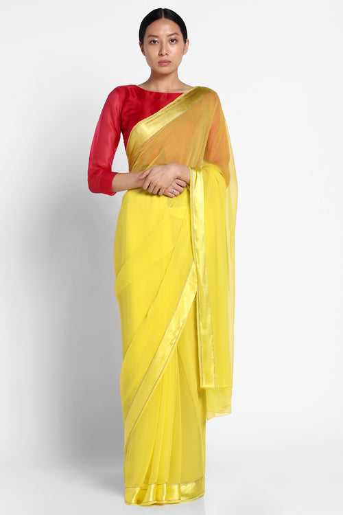 Daffodil Yellow Chiffon Satin Saree