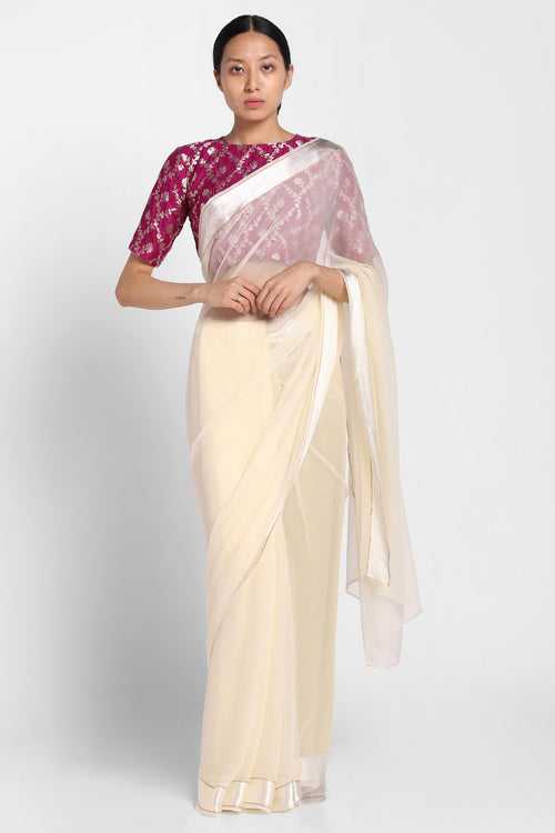 Ivory Chiffon Satin Saree