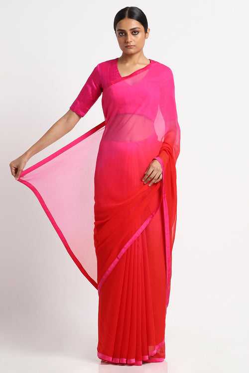 Pink Red Chiffon Ombre Saree