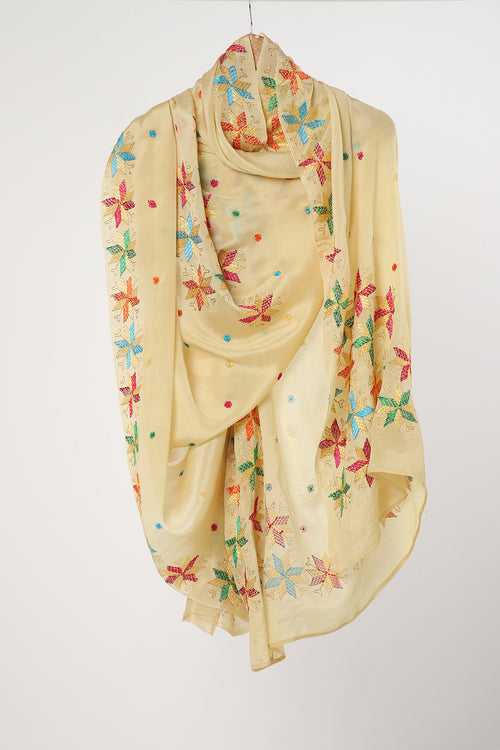 Dull Yellow Crepe Phulkari Dupatta