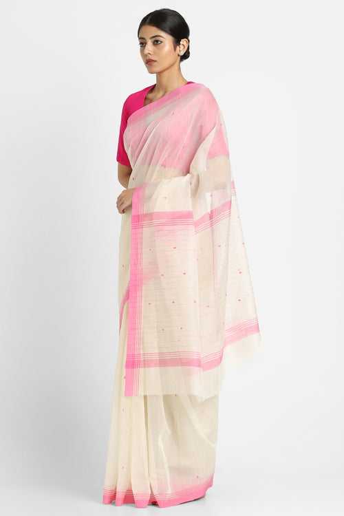 Cream and Pink Phool Buti Saree