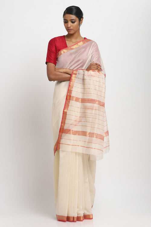 White and Red Silk Cotton Traditional Saree