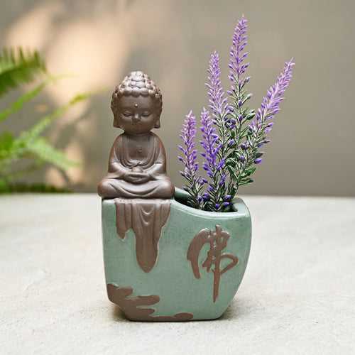 Small Green Ceramic Vase with Buddha