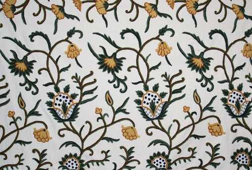 Cotton Crewel Embroidered Fabric Floral, Green and Gold #FLR206