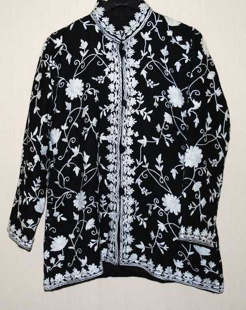 Kashmiri Embroidered Woolen Jacket,  White on Black #AO-056