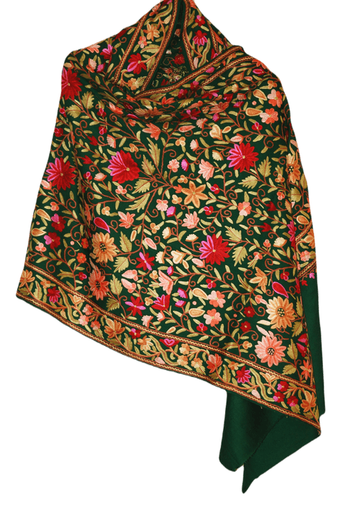 Kashmir Wool Shawl Wrap Throw Green, Multicolor Embroidery #WS-160