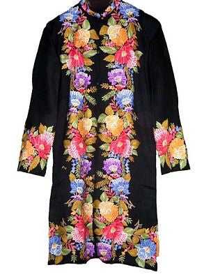 Woolen Coat Long Jacket Black, Multicolor Embroidery #AO-111