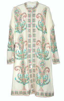 Woolen Coat Long Jacket White, Multicolor Embroidery #AO-123