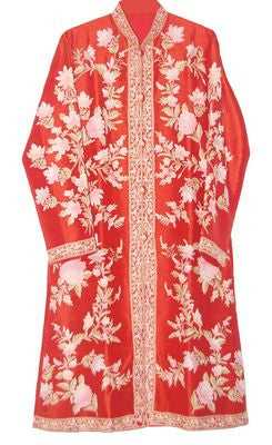 Kashmir Ethnic Silk Coat Long Jacket Orange, Multicolor Embroidery #AO-301