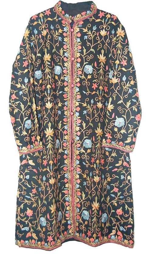 Woolen Coat Long Jacket Black, Multicolor Embroidery #AO-1272