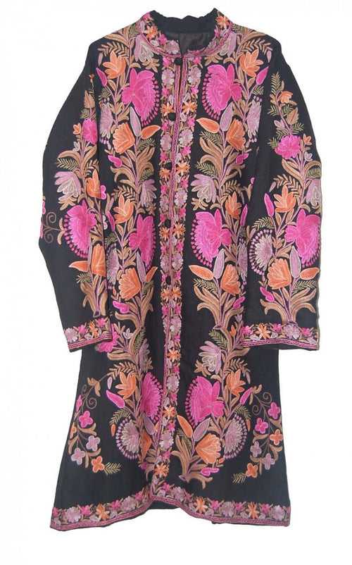 Woolen Coat Long Jacket Black, Multicolor Embroidery #AO-197