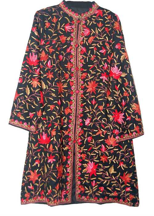 Woolen Coat Long Jacket Black, Multicolor Embroidery #AO-130