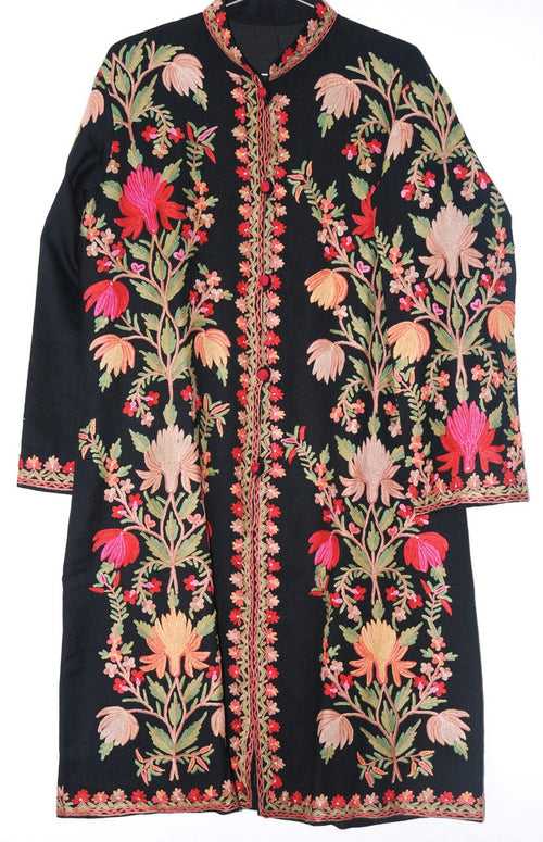 Woolen Coat Long Jacket Black, Multicolor Embroidery #AO-141