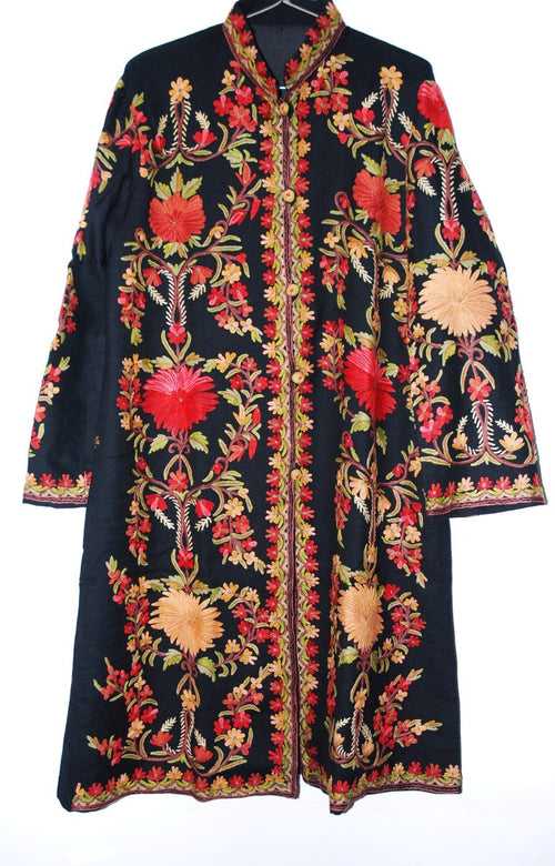 Woolen Coat Long Jacket Black, Multicolor Embroidery #AO-137
