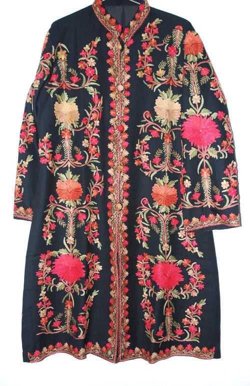 Woolen Coat Long Jacket Black, Multicolor Embroidery #AO-138
