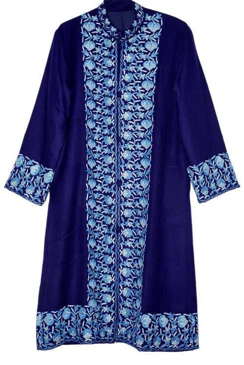 Woolen Coat Long Jacket Navy, Blue Embroidery #BD-109