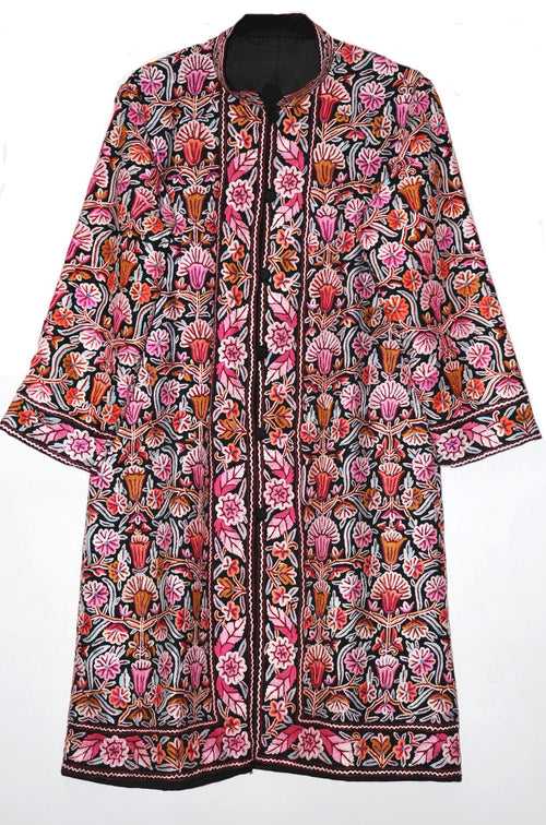 Woolen "Jamawar" Coat Long Jacket Black, Multicolor Embroidery #JM-113