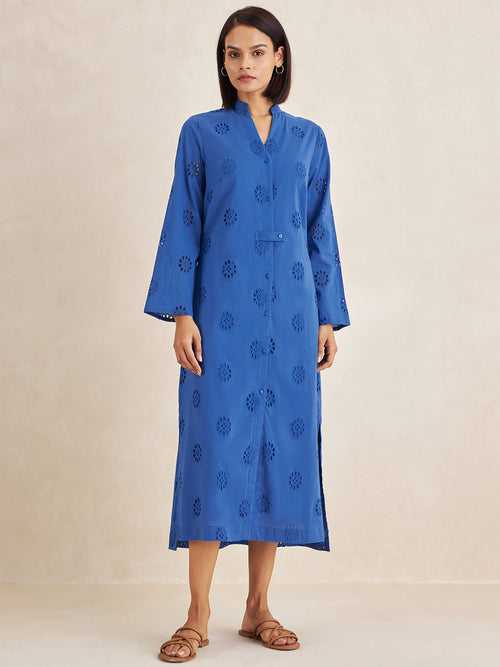 Blue Cotton Schiffli Shirt Maxi Dress