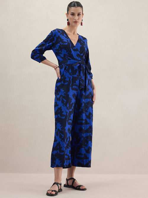 Blue Abstract Printed Wrap Jumpsuit