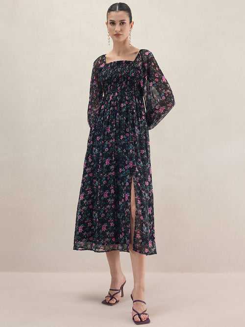 Black Floral Smocked Maxi Dress