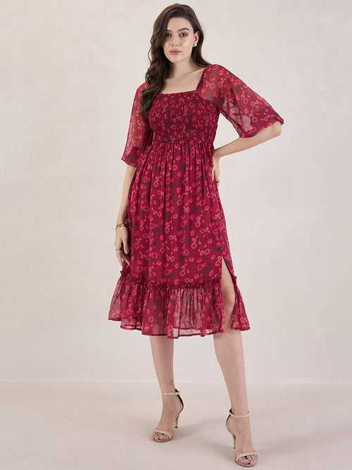 Red Floral Smocked Midi Dress