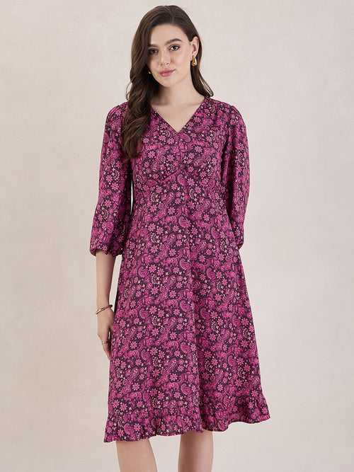 Wine Paisley Print V Neck Midi Dress