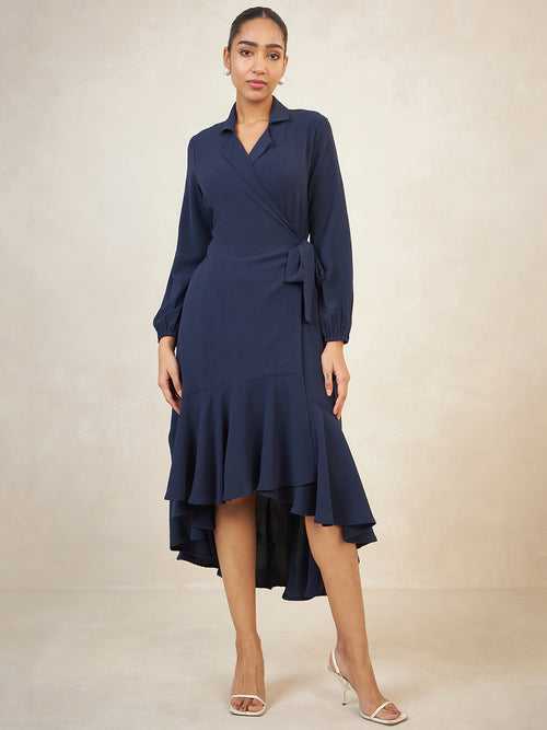 Navy Wrap  High Low Midi Dress