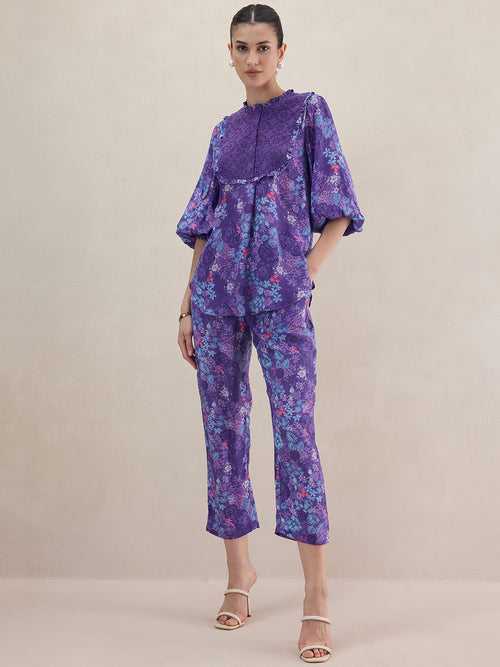 Purple Floral Printed Schiffli Detail Coord Set