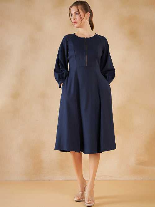 Navy Front Zip-Up Midi Dress