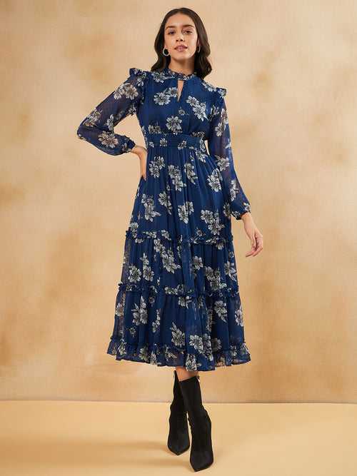 Navy Floral Smocked Tiered Maxi Dress