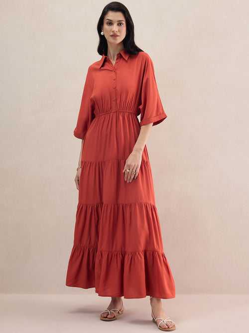 Rust Kimono Sleeve Tiered Maxi Dress