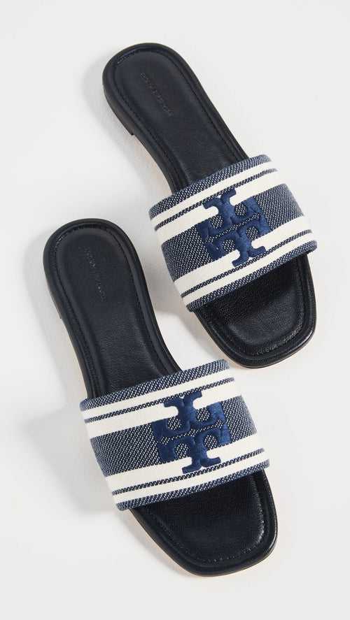 TORY BURCH DOUBLE T JACQUARD SLIDE IN BLUE