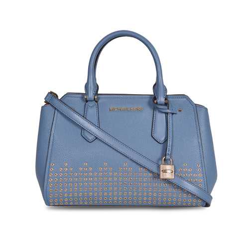 MICHAEL KORS HAYES MEDIUM DENIM BLUE LEATHER METAL STUDDED MESSENGER BAG