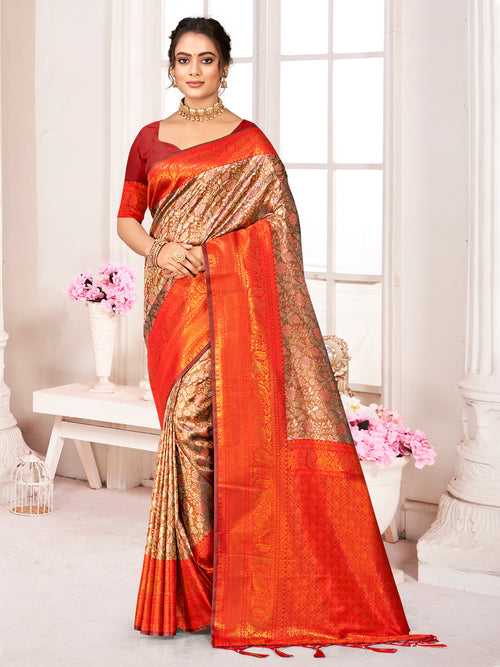 Brown Kanjivaram Silk Saree With Blouse Piece