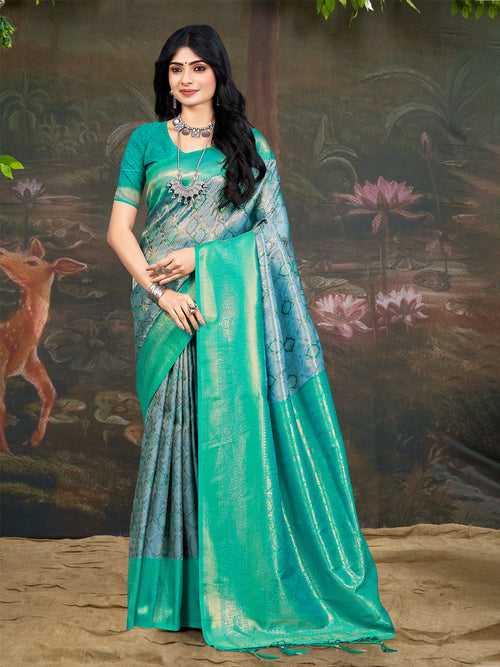 Turquoise Kanjivaram Silk Saree With Blouse Piece