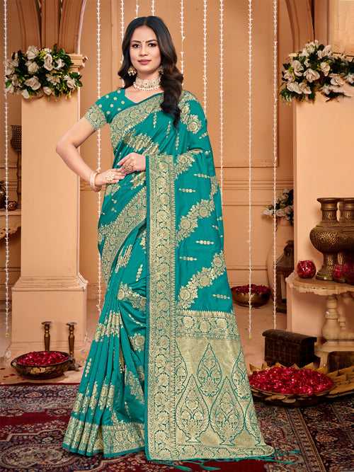 Turquoise Silk Saree With Blouse Piece