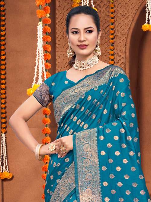 Sea Blue Silk Saree With Blouse Piece