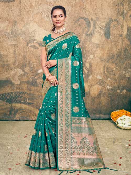 Turquoise Silk Saree With Blouse Piece
