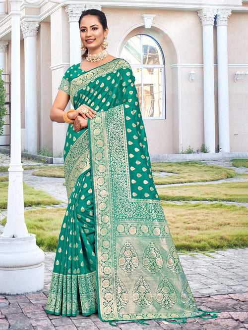 Turquoise Silk Saree With Blouse Piece