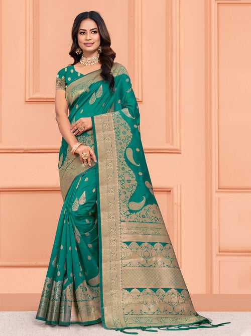 Turquoise Silk Saree With Blouse Piece