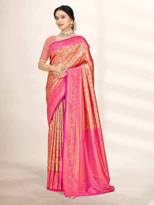 Pink Banarasi Silk Saree With Blouse Piece